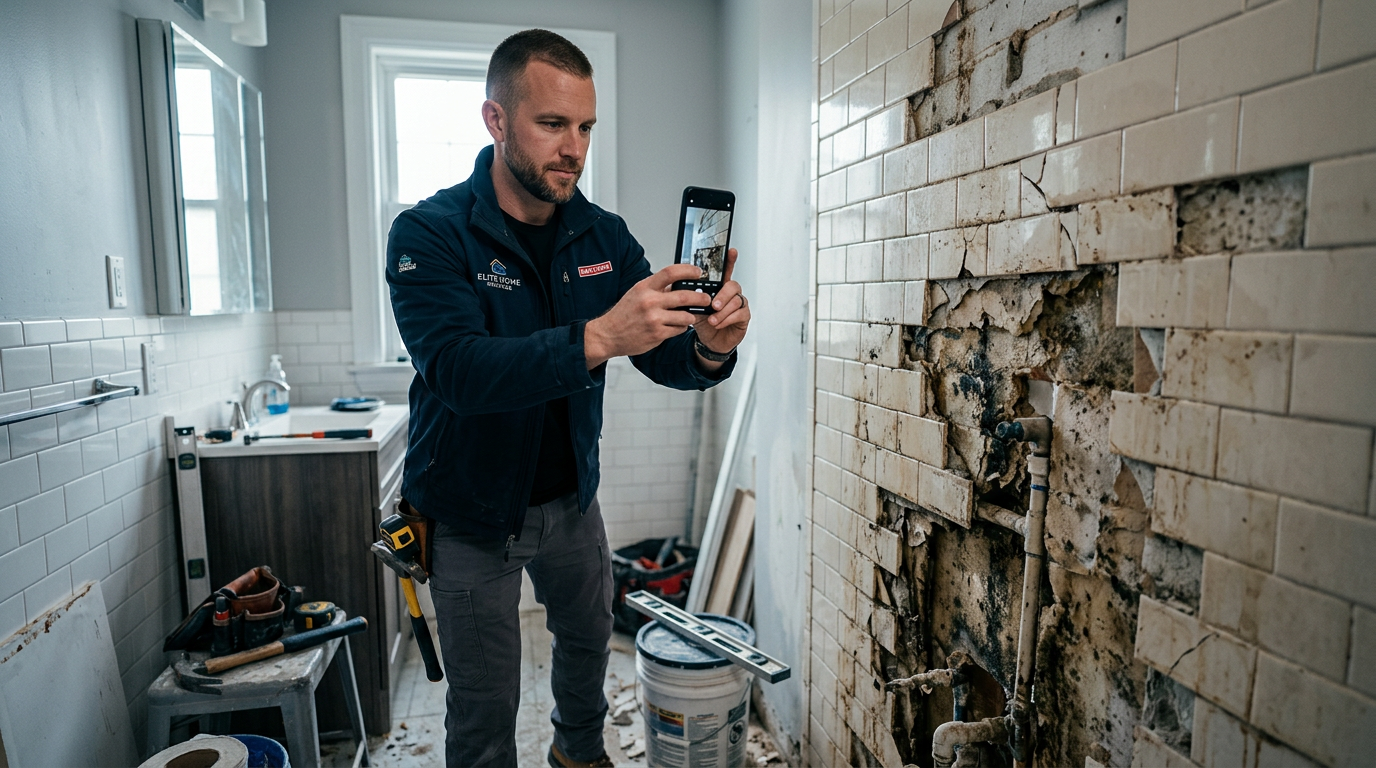 Handwerker fotografiert Schaden mit Smartphone