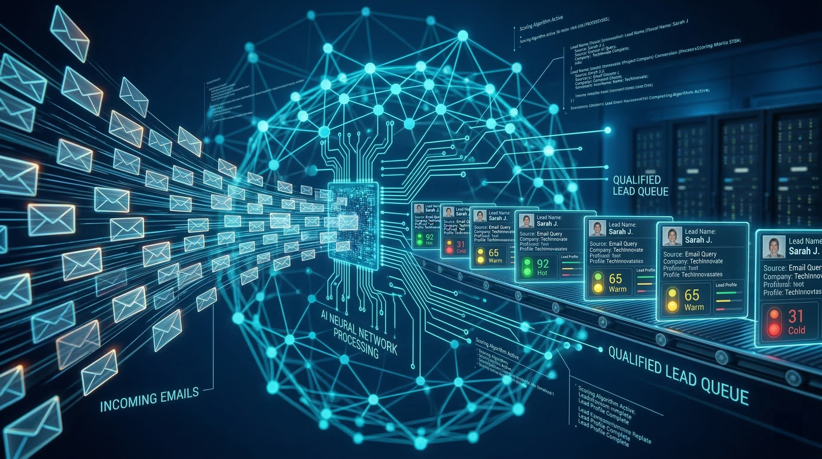 KI-Prozess: E-Mails fließen durch neuronales Netz zu bewerteten Lead-Karten