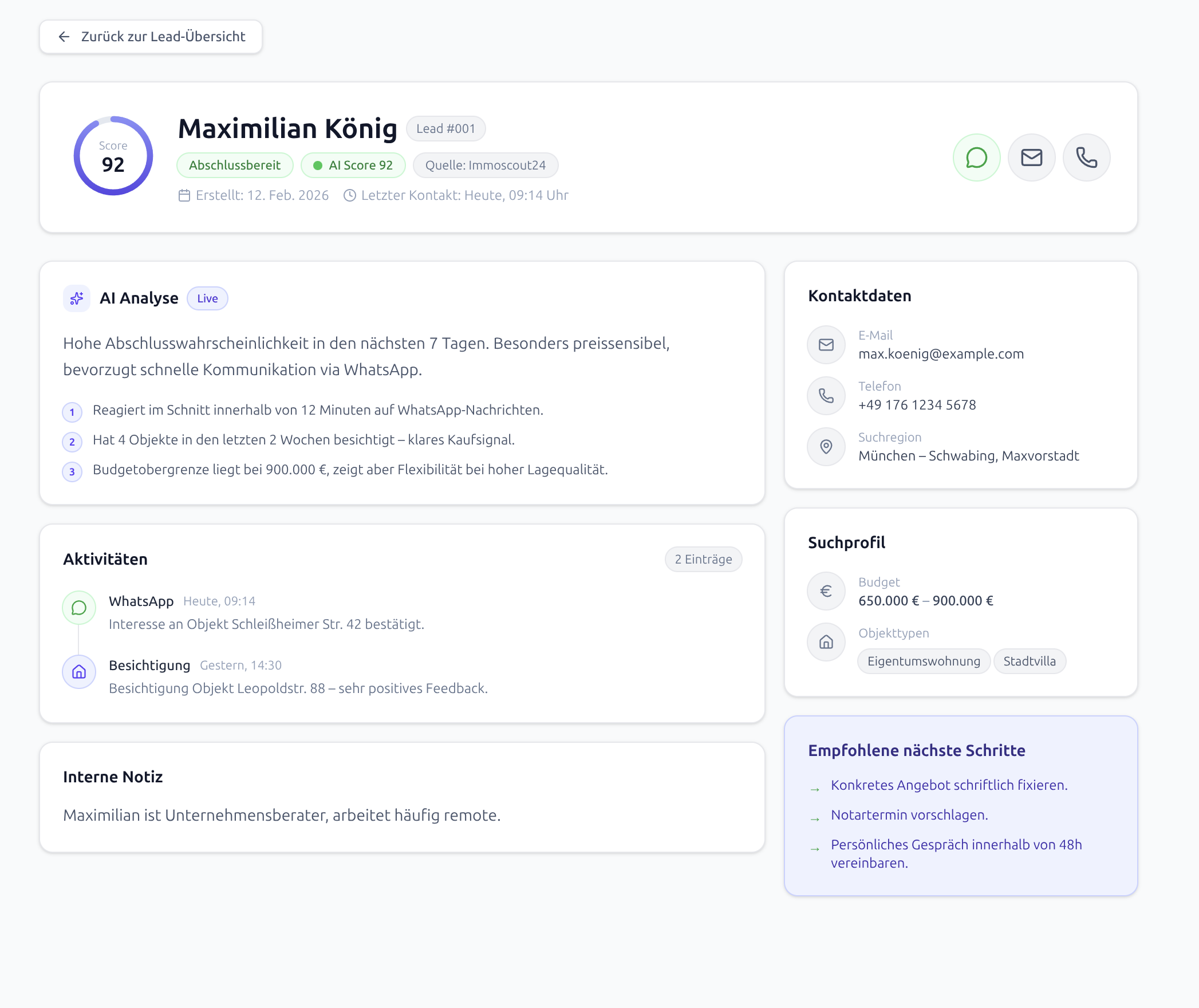 Lead-Detailansicht – Prototyp